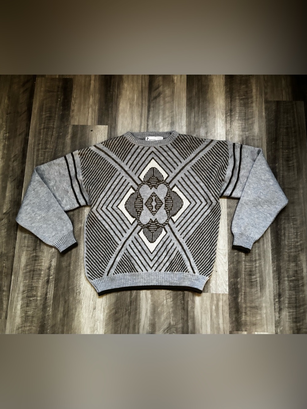 Vintage Bronzini Men's XL Geometric Knit Crewneck Pullover Sweater Acrylic/Wool